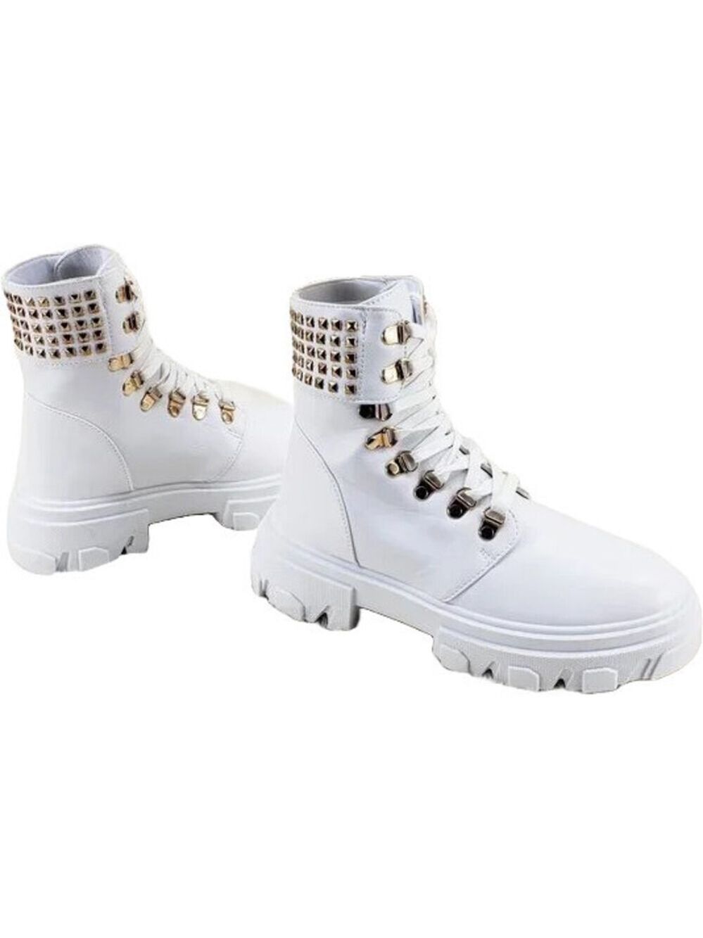 NIB Nina Arts White V Leather Golden Stud Fashion Military Combat Ankle Boots